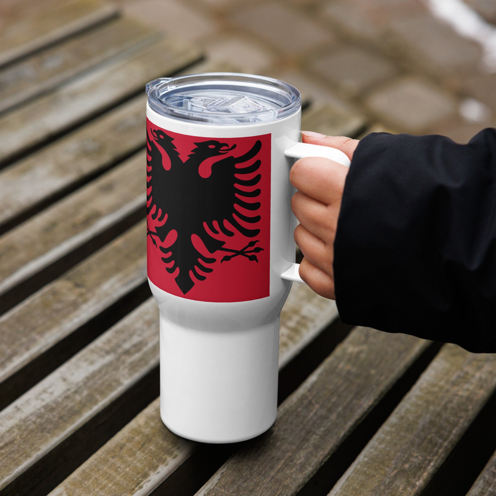 Travel mug with a handle Albanian flag