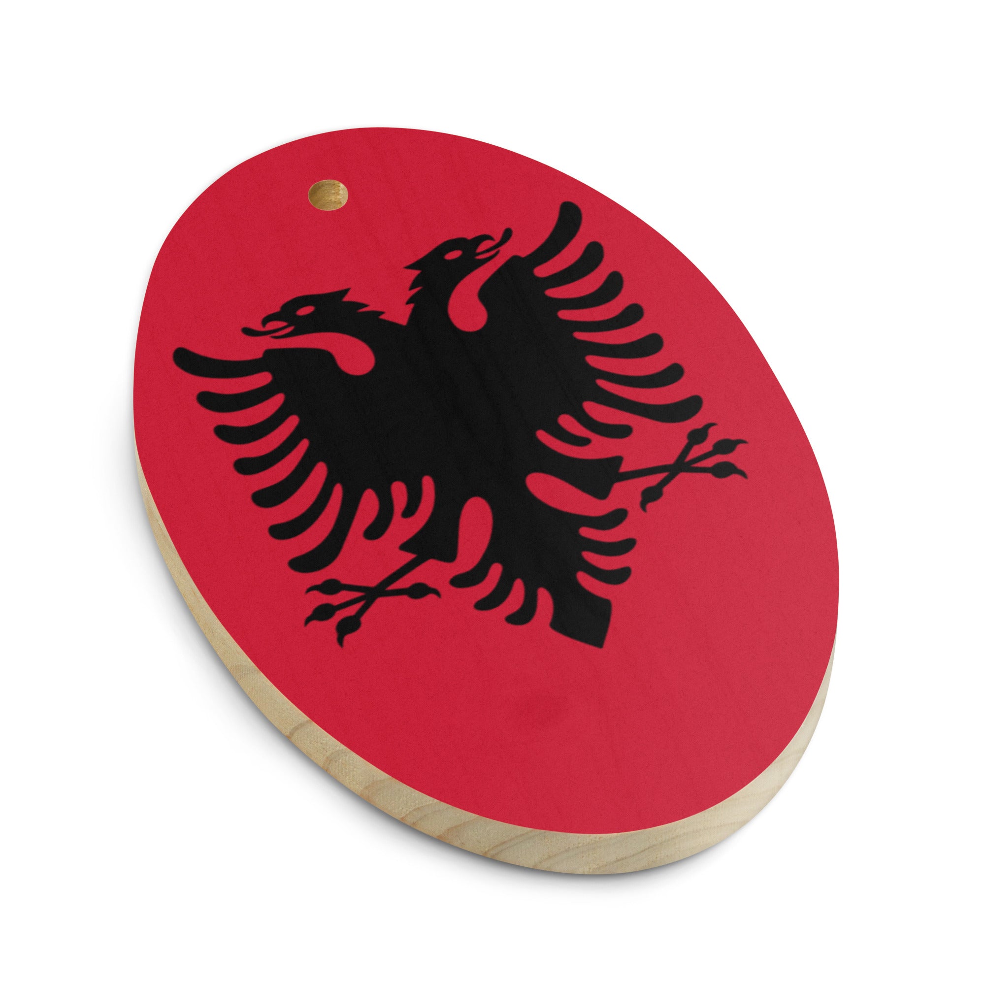 Wooden ornaments Albanian flag Christmas tree decorations.